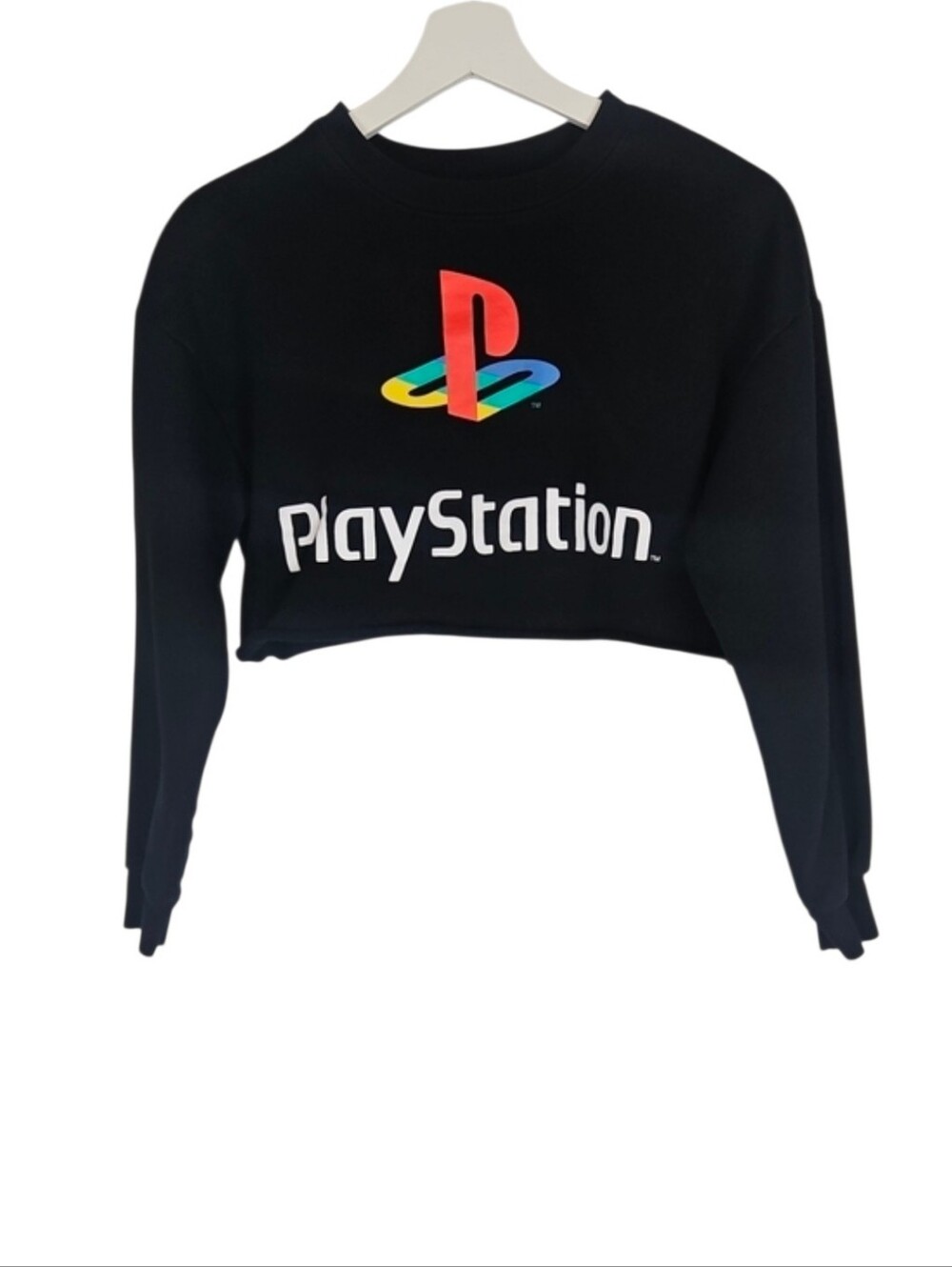 PlayStation Black Cropped Sweatshirt Raw Roll Hem Sony Gamer Video Game Top S